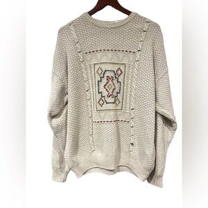 Claiborne Oversized Vintage Sweater 90s‎ Tan Embroidered Aztec